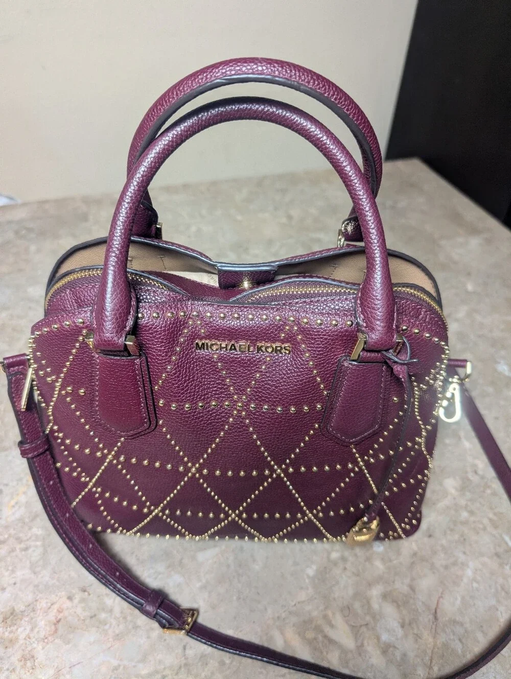 Michael Kors Adele Merlot Large Dome Leather Maroon Satchel (Rare) Handbag